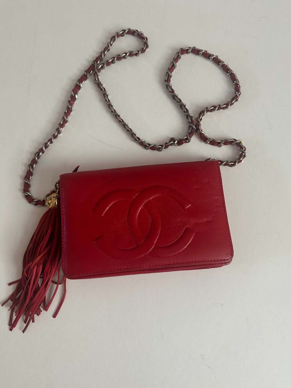 Vintage Chanel Red Leather Shoulder Bag with Tassel and CC Logo